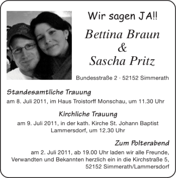 Glückwunschanzeige von Bettina Braun Sascha Pritz von Super Sonntag / Super Mittwoch