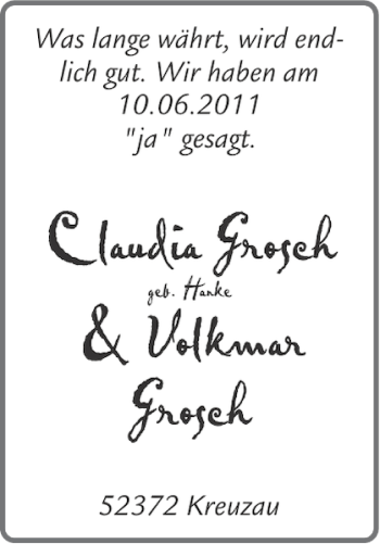 Glückwunschanzeige von Claudia Grosch Volkmar Grosch von Super Sonntag / Super Mittwoch