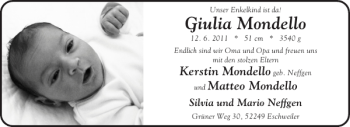 Glückwunschanzeige von Giulia Mondello von Aachener Zeitung / Aachener Nachrichten
