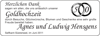 Glückwunschanzeige von Goldhochzeit Agnes und Ludwig Hensgens von Aachener Zeitung / Aachener Nachrichten