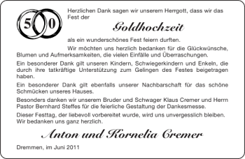 Glückwunschanzeige von Goldhochzeit Anton und Kornelia Cremer von Aachener Zeitung / Aachener Nachrichten