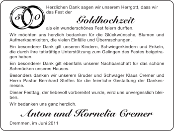 Glückwunschanzeige von Goldhochzeit Anton und Kornelia Cremer von Super Sonntag / Super Mittwoch