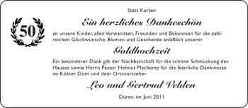 Glückwunschanzeige von Goldhochzeit Leo und Gertrud Velden von Aachener Zeitung / Aachener Nachrichten