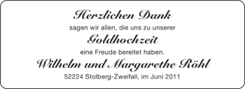 Glückwunschanzeige von Goldhochzeit Wilhelm und Margarethe Röhl von Aachener Zeitung / Aachener Nachrichten