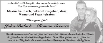 Glückwunschanzeige von Julia Baluch Roman Cremer von Super Sonntag / Super Mittwoch
