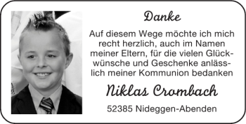 Glückwunschanzeige von Niklas Crombach von Super Sonntag / Super Mittwoch