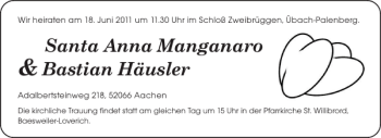 Glückwunschanzeige von Santa Anna Manganaro Bastian Häusler von Aachener Zeitung / Aachener Nachrichten