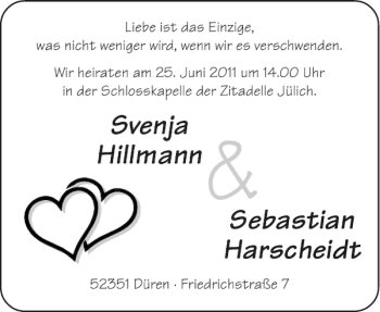 Glückwunschanzeige von Svenja Hillmann Sebastian Harscheidt von Aachener Zeitung / Aachener Nachrichten