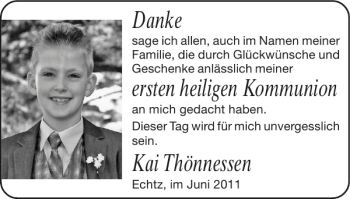 Glückwunschanzeige von ersten heiligen Kommunion Kai Thönnessen von Super Sonntag / Super Mittwoch