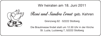 Glückwunschanzeige von und Sandra Ernst von Aachener Zeitung / Aachener Nachrichten
