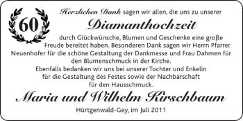 Glückwunschanzeige von Diamanthochzeit Maria und Wilhelm Kirschbaum von Super Sonntag / Super Mittwoch