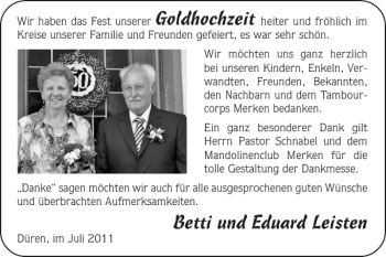 Glückwunschanzeige von Goldhochzeit Betti und Eduard Leisten von Super Sonntag / Super Mittwoch