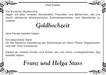 Glückwunschanzeige von Goldhochzeit Franz und Helga Stass von Super Sonntag / Super Mittwoch