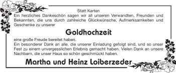 Glückwunschanzeige von Goldhochzeit Martha und Heinz Loiberzeder von Super Sonntag / Super Mittwoch