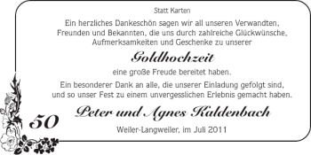Glückwunschanzeige von Goldhochzeit Peter und Agnes Kaldenbach von Super Sonntag / Super Mittwoch
