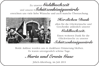 Glückwunschanzeige von Goldhochzeit Schützenkönigswürde Maria und Erwin Gase  von Super Sonntag / Super Mittwoch