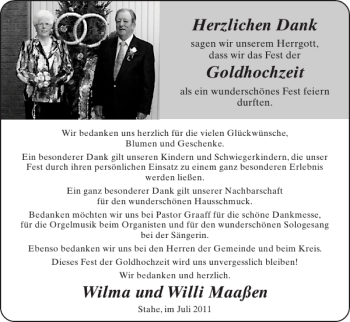 Glückwunschanzeige von Goldhochzeit Wilma und Willi Maaßen von Super Sonntag / Super Mittwoch