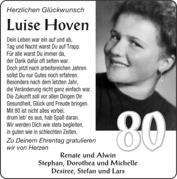 Glückwunschanzeige von Herzlichen Glückwunsch Luise Hoven von Super Sonntag / Super Mittwoch
