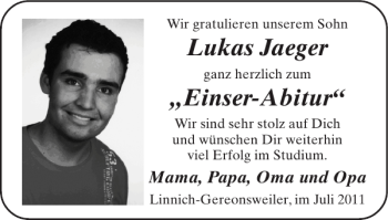 Glückwunschanzeige von Lukas Jaeger Einser-Abitur von Super Sonntag / Super Mittwoch