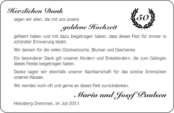 Glückwunschanzeige von Maria und Josef Paulsen von Aachener Zeitung / Aachener Nachrichten