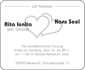 Glückwunschanzeige von Rita Ionita Hans Seel von Aachener Zeitung / Aachener Nachrichten