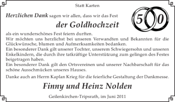 Glückwunschanzeige von der Goldhochzeit Finny und Heinz Nolden  von Super Sonntag / Super Mittwoch