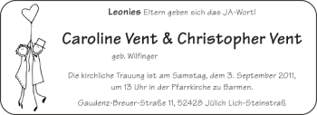 Glückwunschanzeige von Caroline Vent Christopher Vent von Aachener Zeitung / Aachener Nachrichten