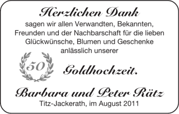 Glückwunschanzeige von Goldhochzeit. Barbara und Peter Rätz von Super Sonntag / Super Mittwoch