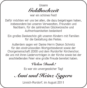 Glückwunschanzeige von Goldhochzeit Anni und Heinz Eggers von Super Sonntag / Super Mittwoch