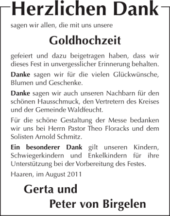 Glückwunschanzeige von Goldhochzeit Gerta und Peter von Birgelen  von Super Sonntag / Super Mittwoch