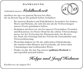 Glückwunschanzeige von Goldhochzeit Helga und Josef Hohnen von Super Sonntag / Super Mittwoch
