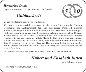 Glückwunschanzeige von Goldhochzeit Hubert und Elisabeth Jütten von Super Sonntag / Super Mittwoch