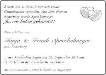 Glückwunschanzeige von Tanja Frank Spreckelmeyer von Aachener Zeitung / Aachener Nachrichten