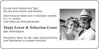 Glückwunschanzeige von Tanja Lynen Sebastian Lynen von Super Sonntag / Super Mittwoch