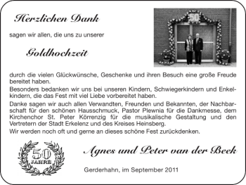 Glückwunschanzeige von Agnes und Peter van der Beek Goldhochzeit  von Super Sonntag / Super Mittwoch