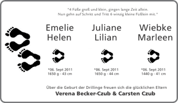 Glückwunschanzeige von Emelie Juliane Wiebke Helen Lilian Marleen  von Aachener Zeitung / Aachener Nachrichten