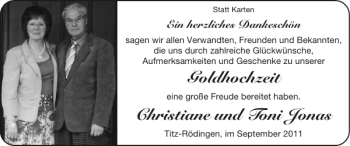 Glückwunschanzeige von Goldhochzeit Christiane und Toni Jonas von Super Sonntag / Super Mittwoch