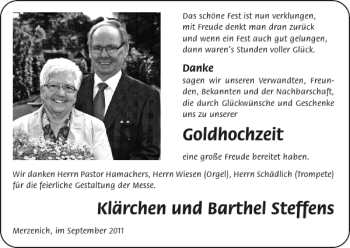 Glückwunschanzeige von Goldhochzeit Klärchen und Barthel Steffens von Super Sonntag / Super Mittwoch