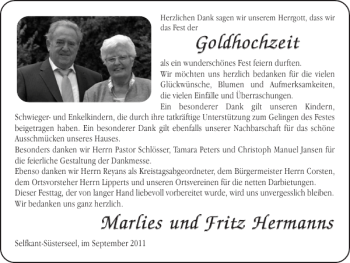Glückwunschanzeige von Goldhochzeit Marlies und Fritz Hermanns von Super Sonntag / Super Mittwoch