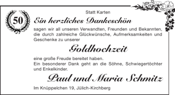 Glückwunschanzeige von Goldhochzeit Paul und Maria Schmitz von Super Sonntag / Super Mittwoch