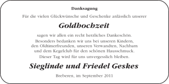 Glückwunschanzeige von Goldhochzeit Sieglinde und Friedel Geskes von Super Sonntag / Super Mittwoch