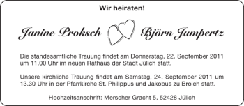 Glückwunschanzeige von Janine Proksch Björn Jumpertz von Aachener Zeitung / Aachener Nachrichten