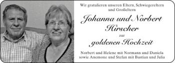 Glückwunschanzeige von Johanna und Norbert Hirscher von Aachener Zeitung / Aachener Nachrichten