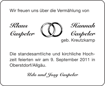Glückwunschanzeige von Klaus Hannah Caspeler Caspeler von Aachener Zeitung / Aachener Nachrichten