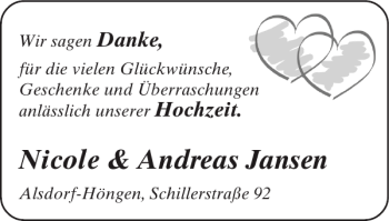Glückwunschanzeige von Nicole Andreas Jansen von Super Sonntag / Super Mittwoch