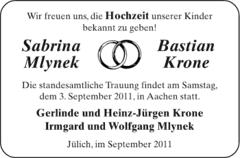 Glückwunschanzeige von Sabrina Mlynek Bastian Krone von Aachener Zeitung / Aachener Nachrichten