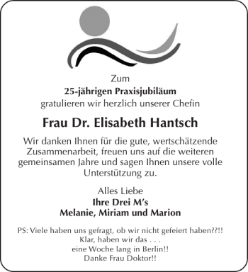 Glückwunschanzeige von Frau Dr. Elisabeth Hantsch von Aachener Zeitung / Aachener Nachrichten