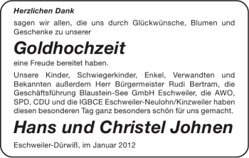 Glückwunschanzeige von Goldhochzeit Hans und Christel Johnen von Super Sonntag / Super Mittwoch