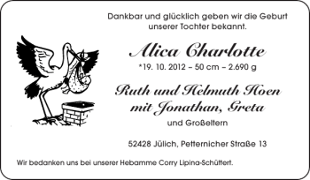 Glückwunschanzeige von Alica Charlotte von Super Sonntag / Super Mittwoch