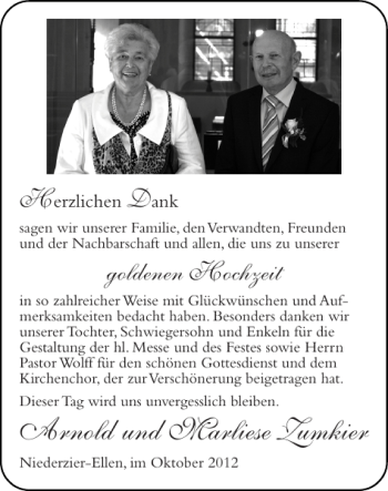 Glückwunschanzeige von Arnold und Marliese Z umkier von Super Sonntag / Super Mittwoch